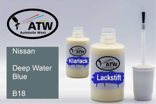 Nissan, Deep Water Blue, B18: 20ml Lackstift + 20ml Klarlack - Set, von ATW Autoteile West.